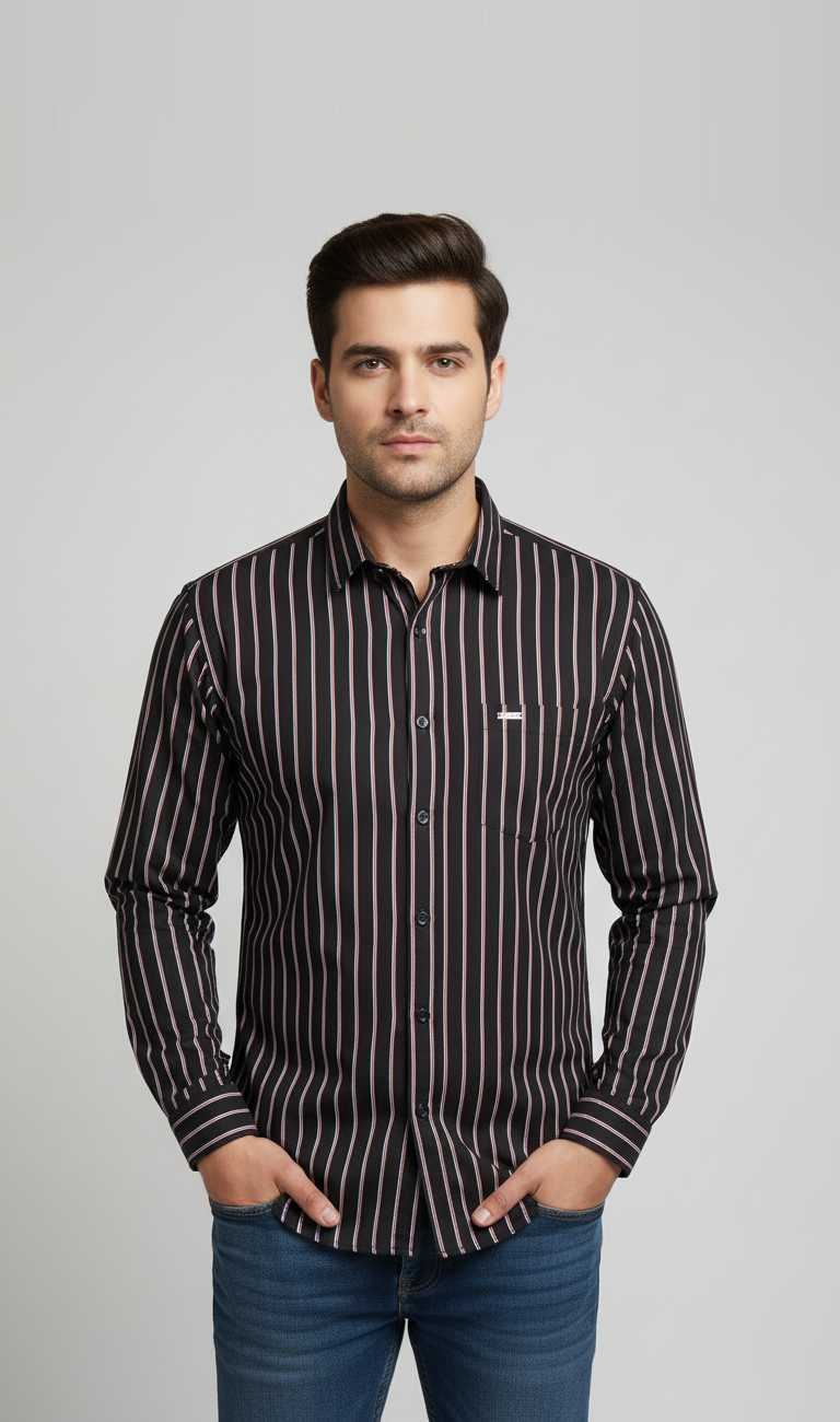 Men’s Full Sleeve Black and Light Rose Striped Slim Fit Shirt