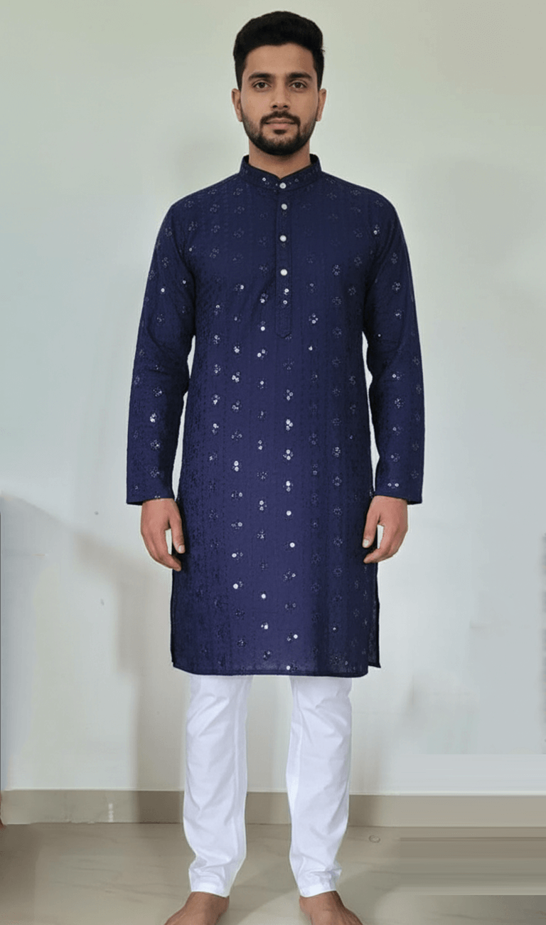 Lakhnavi Kurta Navy Blue with Elastic White Pajama