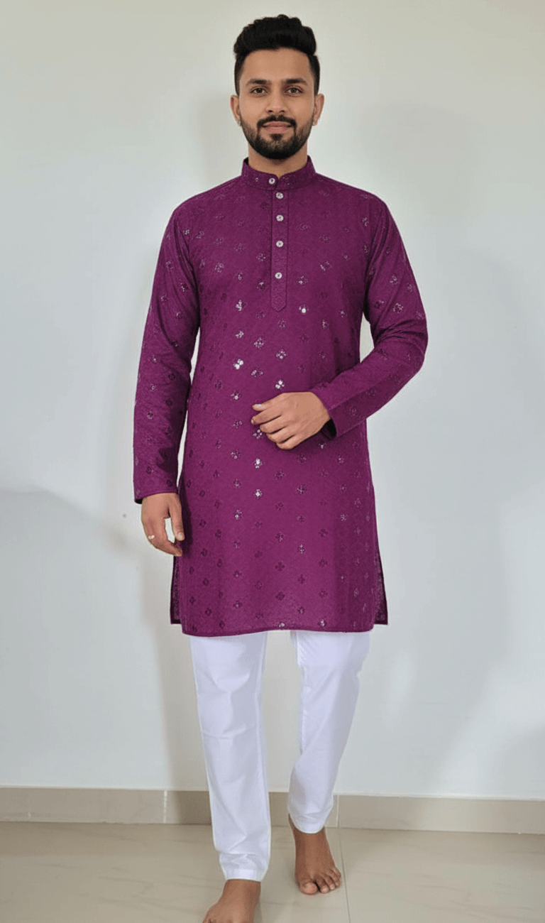 Lakhnavi Kurta Purple with Elastic White Pajama