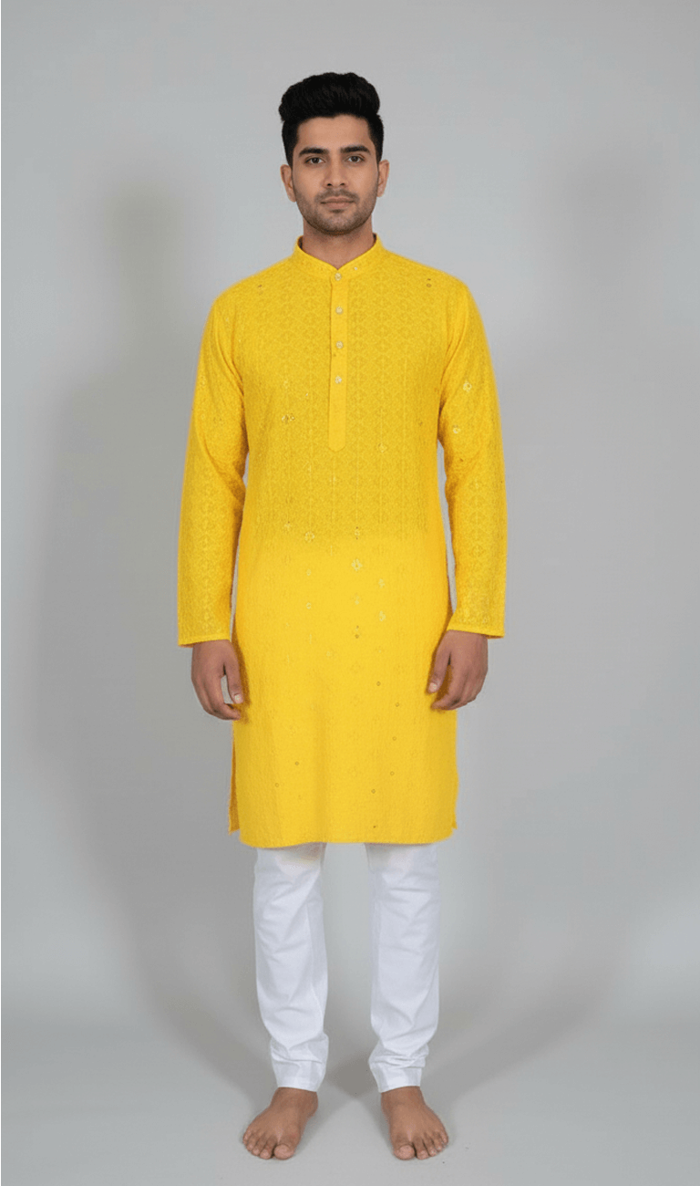 Lakhnavi Kurta Yellow with Elastic White Pajama