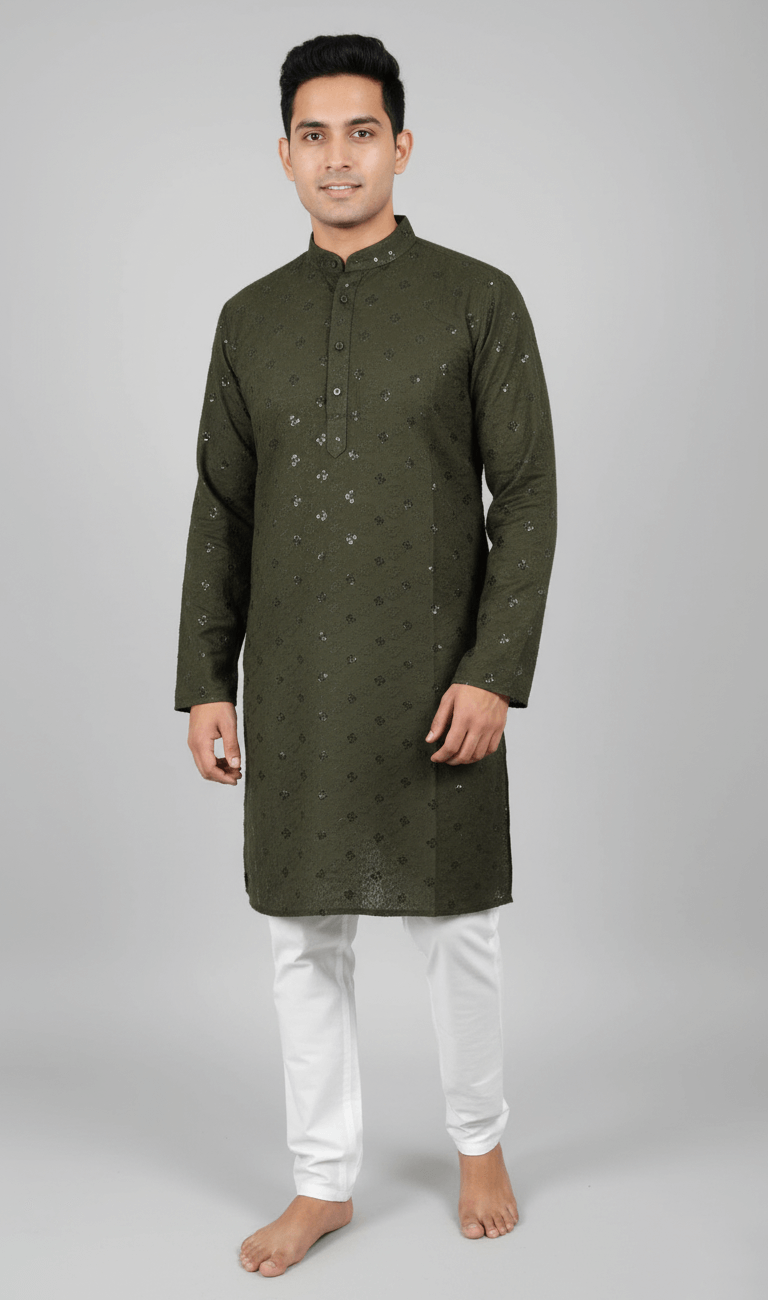 Lakhnavi Kurta Mehndi with Elastic White Pajama