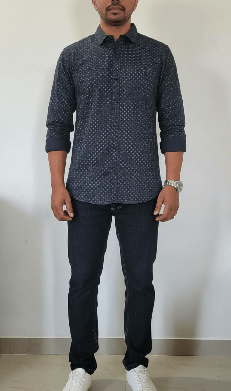 Navy Blue White Dot Slim Fit Casual Shirt for Men