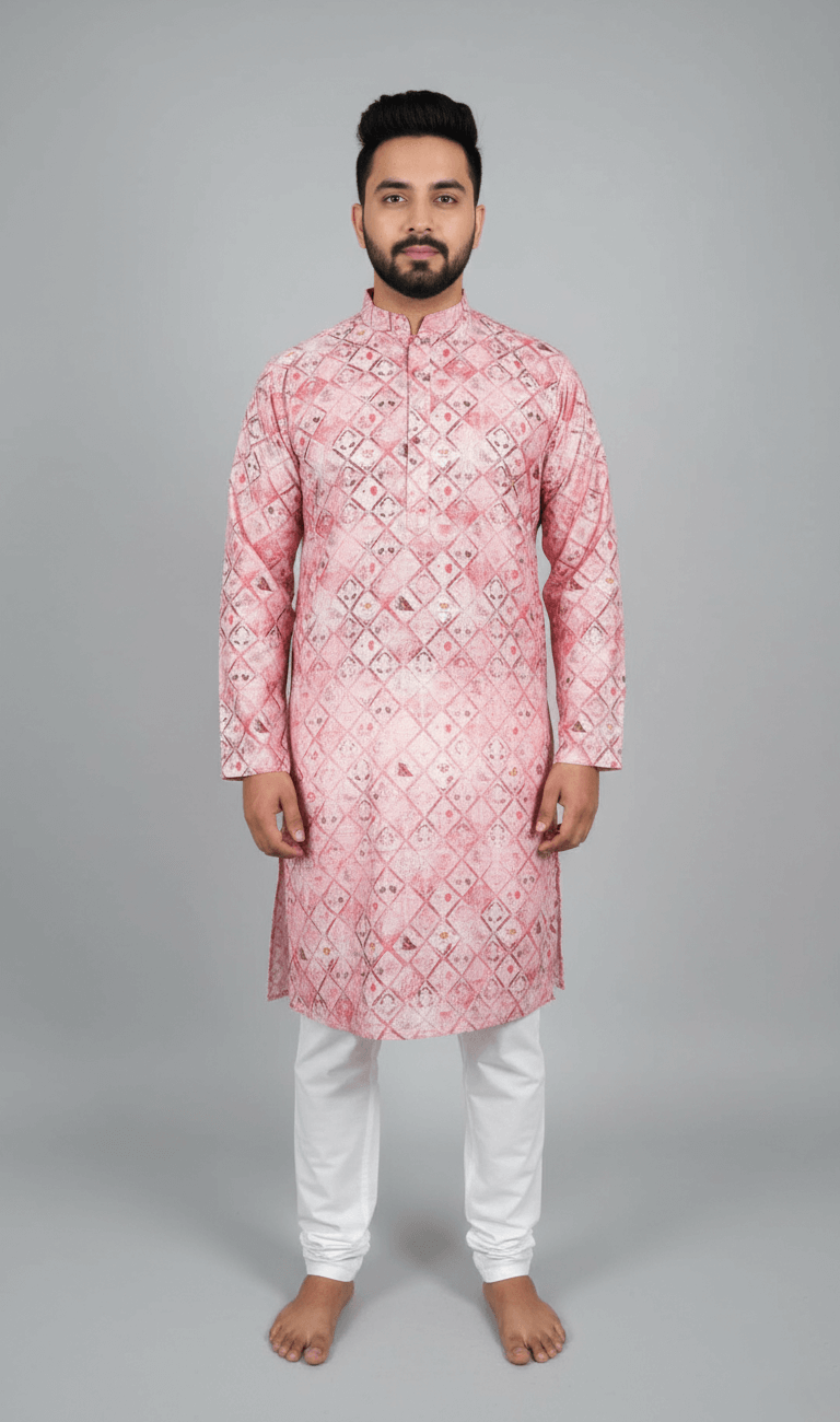 Printed Long Kurta with Mandarin Collar with Elastic White Pajama