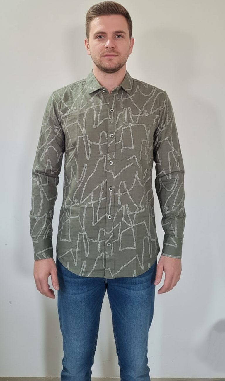 Olive Green Abstract Printed Casual Shirt
