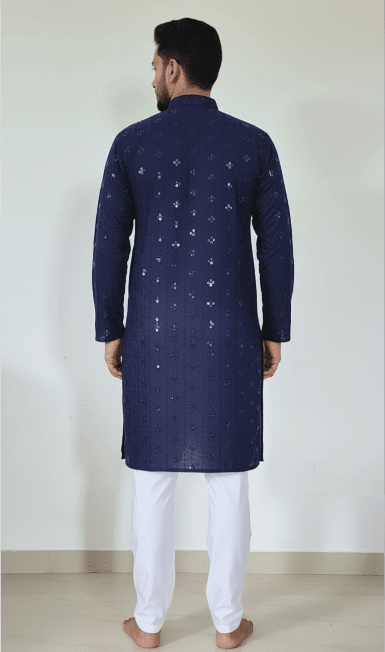 Lakhnavi Kurta Navy Blue with Elastic White Pajama - Image 3