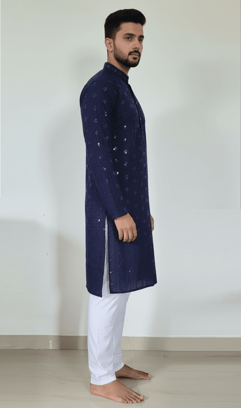 Lakhnavi Kurta Navy Blue with Elastic White Pajama - Image 2