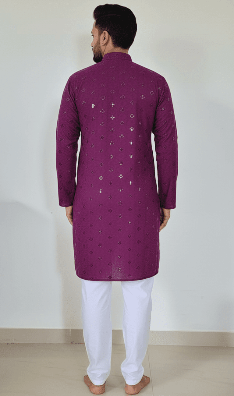 Lakhnavi Kurta Purple with Elastic White Pajama - Image 3