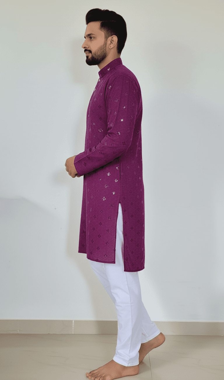 Lakhnavi Kurta Purple with Elastic White Pajama - Image 2