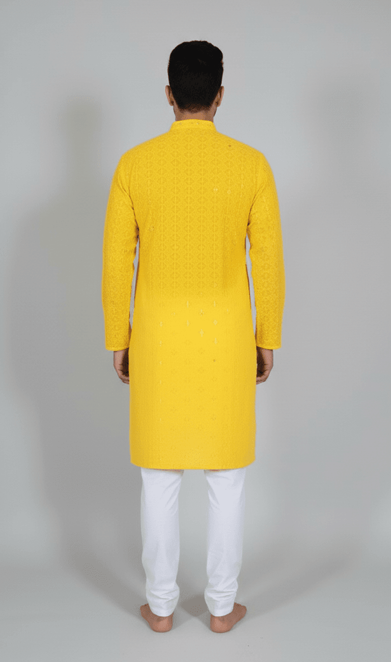 Lakhnavi Kurta Yellow with Elastic White Pajama - Image 2