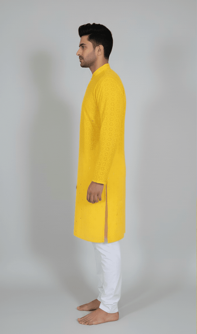 Lakhnavi Kurta Yellow with Elastic White Pajama - Image 3