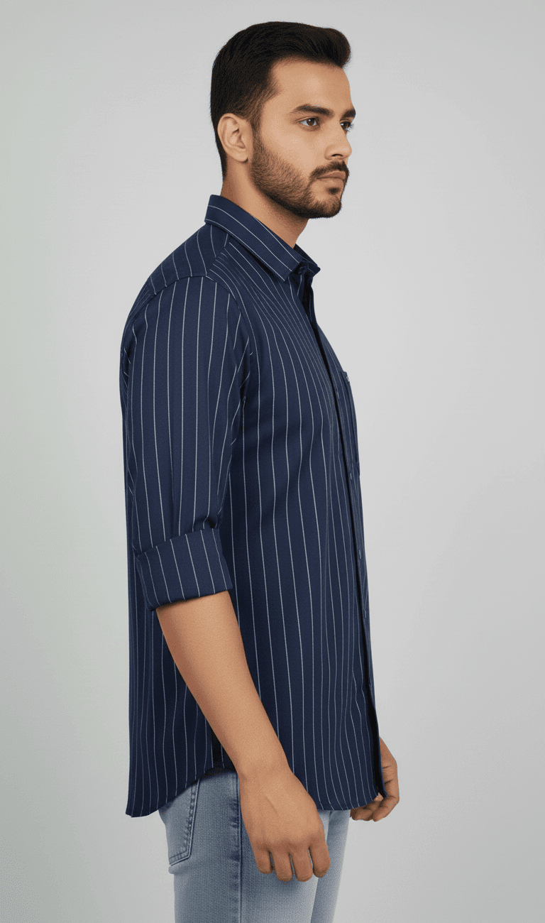 Men’s Full Sleeve Navy Blue Striped Slim Fit Shirt - Image 2