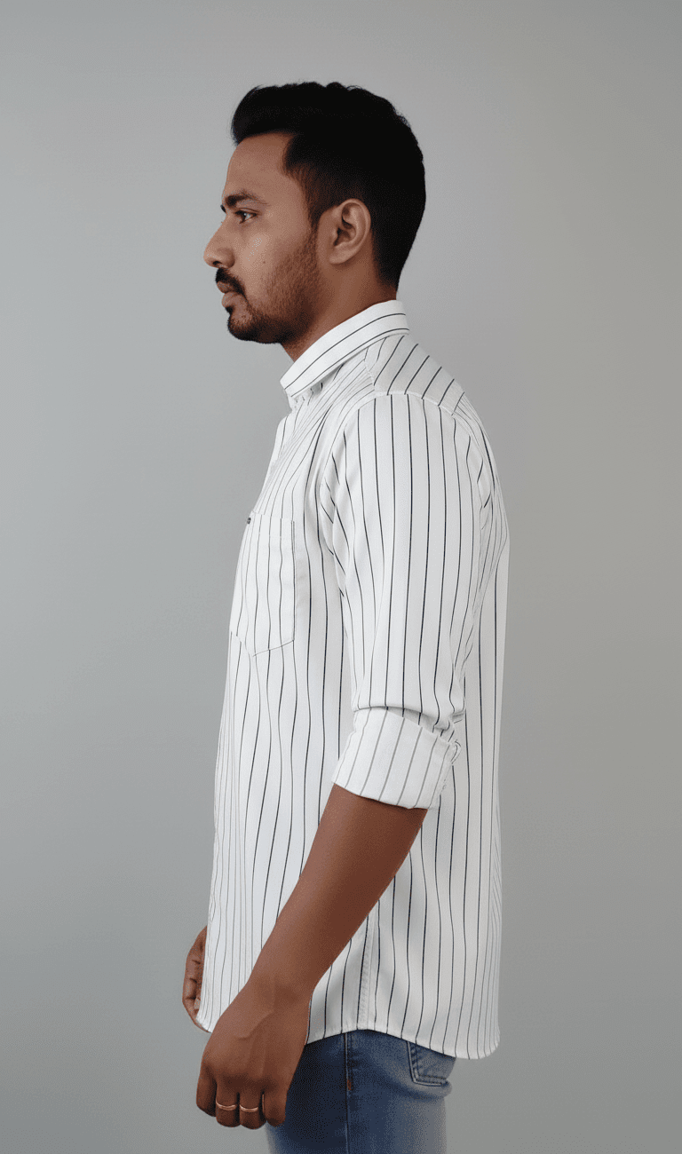 Men’s Full Sleeve White Shirt with Black Vertical Stripes - Image 3