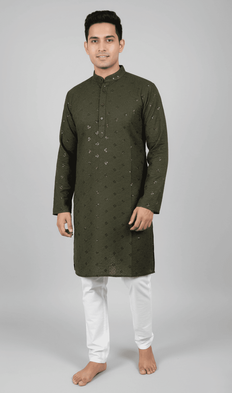 Lakhnavi Kurta Mehndi with Elastic White Pajama