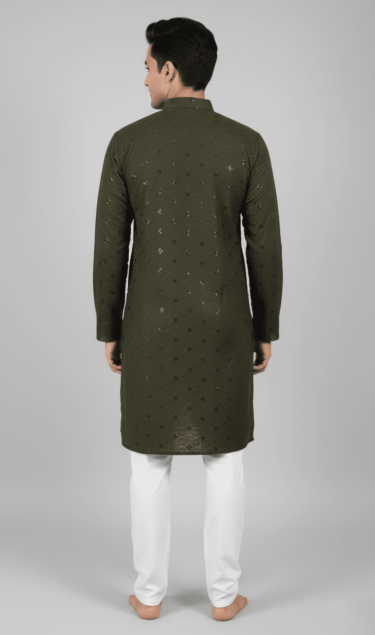 Lakhnavi Kurta Mehndi with Elastic White Pajama - Image 2