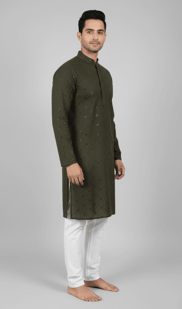 Lakhnavi Kurta Mehndi with Elastic White Pajama - Image 3