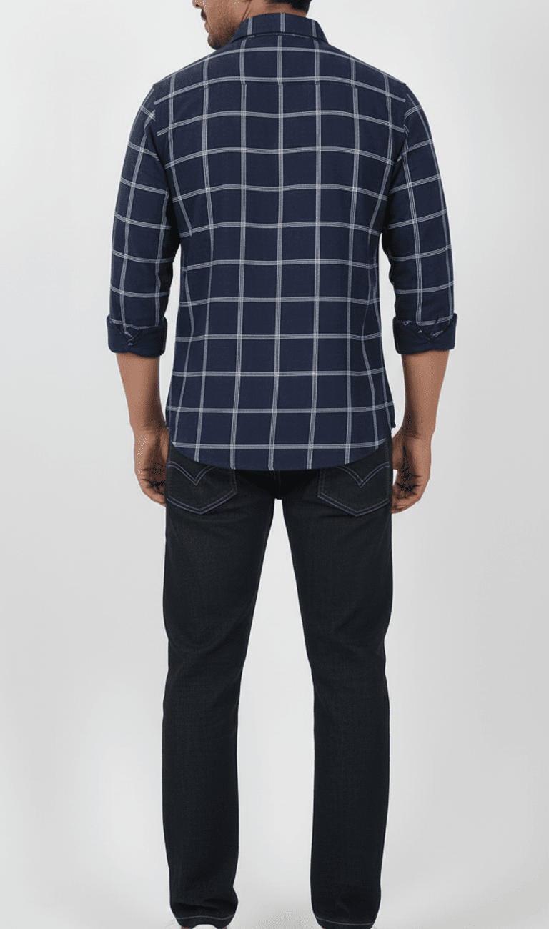 Navy Blue Checked Cotton Casual Shirt for Men - Image 3