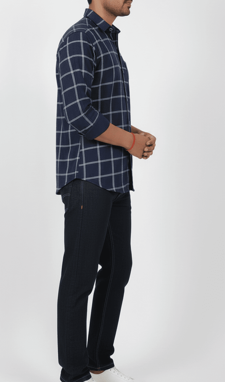 Navy Blue Checked Cotton Casual Shirt for Men - Image 2