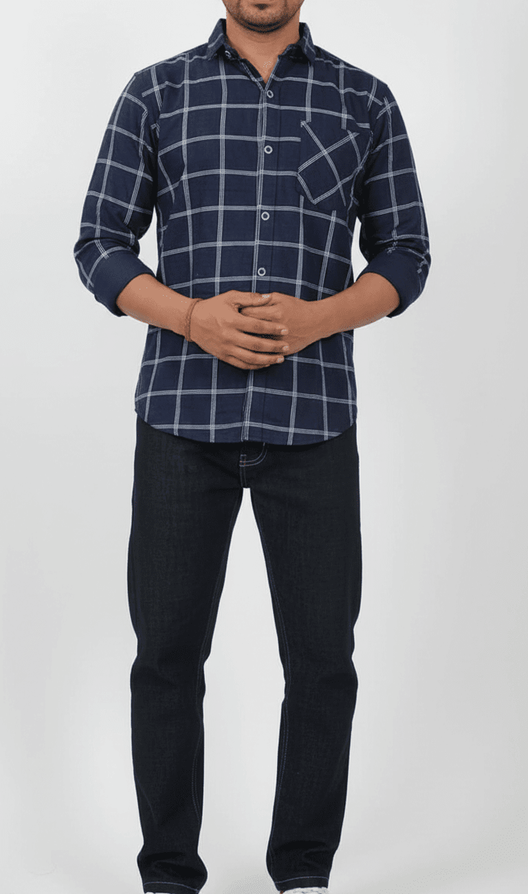 Navy Blue Checked Cotton Casual Shirt for Men