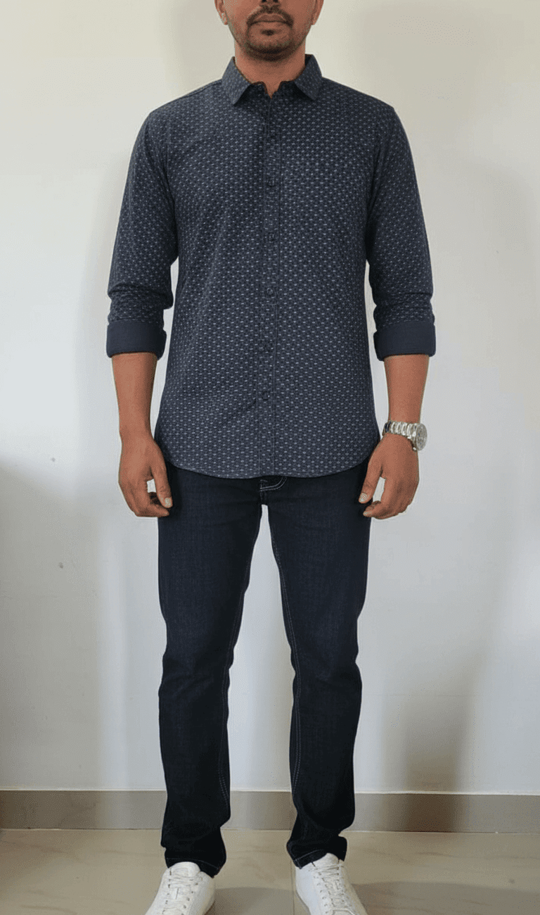 Navy Blue White Dot Slim Fit Casual Shirt for Men