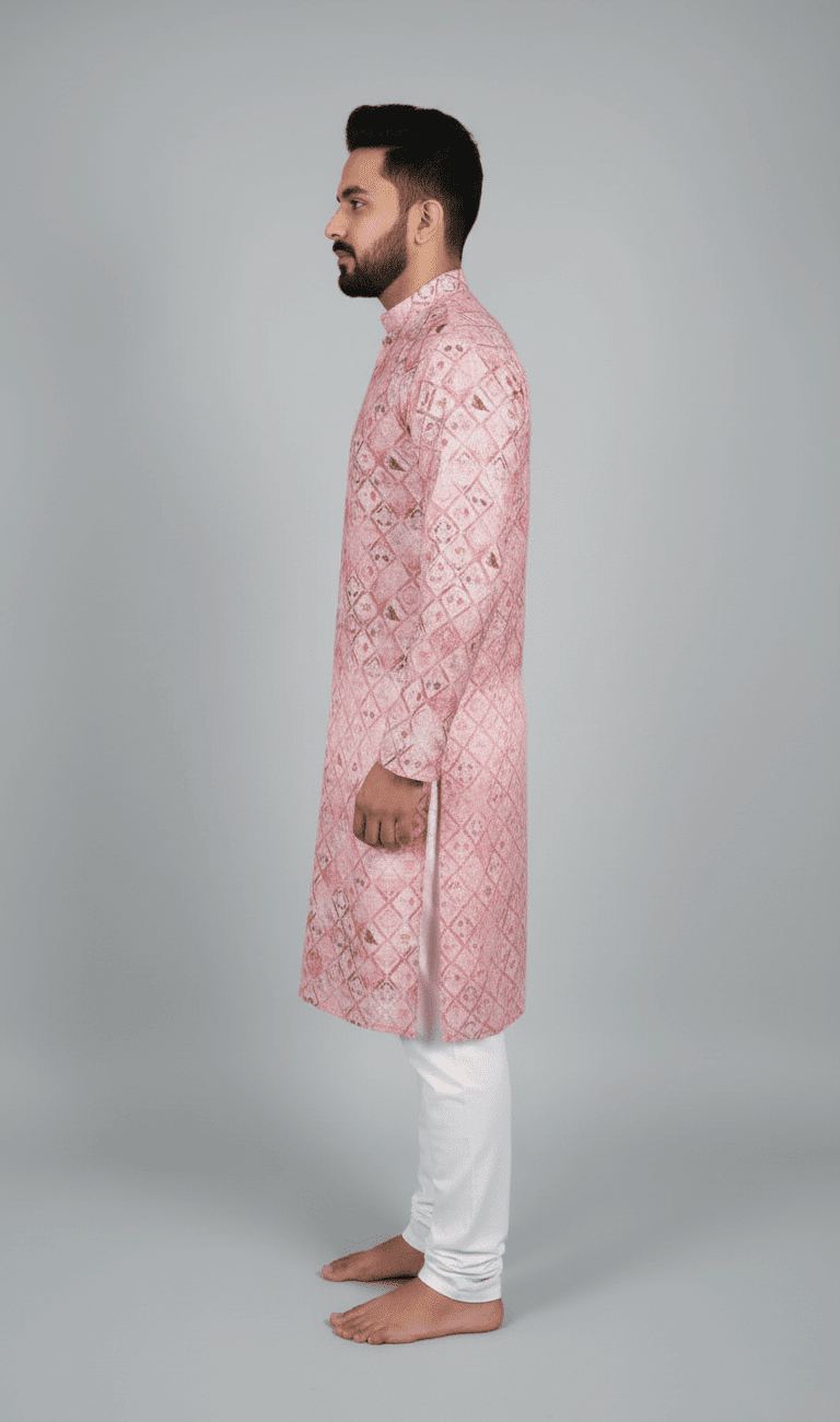 Printed Long Kurta with Mandarin Collar with Elastic White Pajama - Image 3