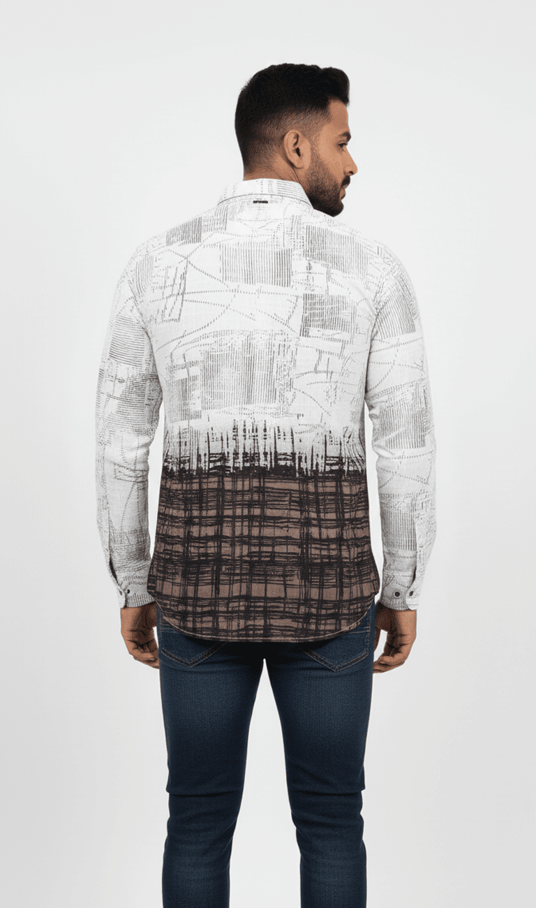 White & Brown Dual-Tone Abstract Printed Shirt for Men - Image 3