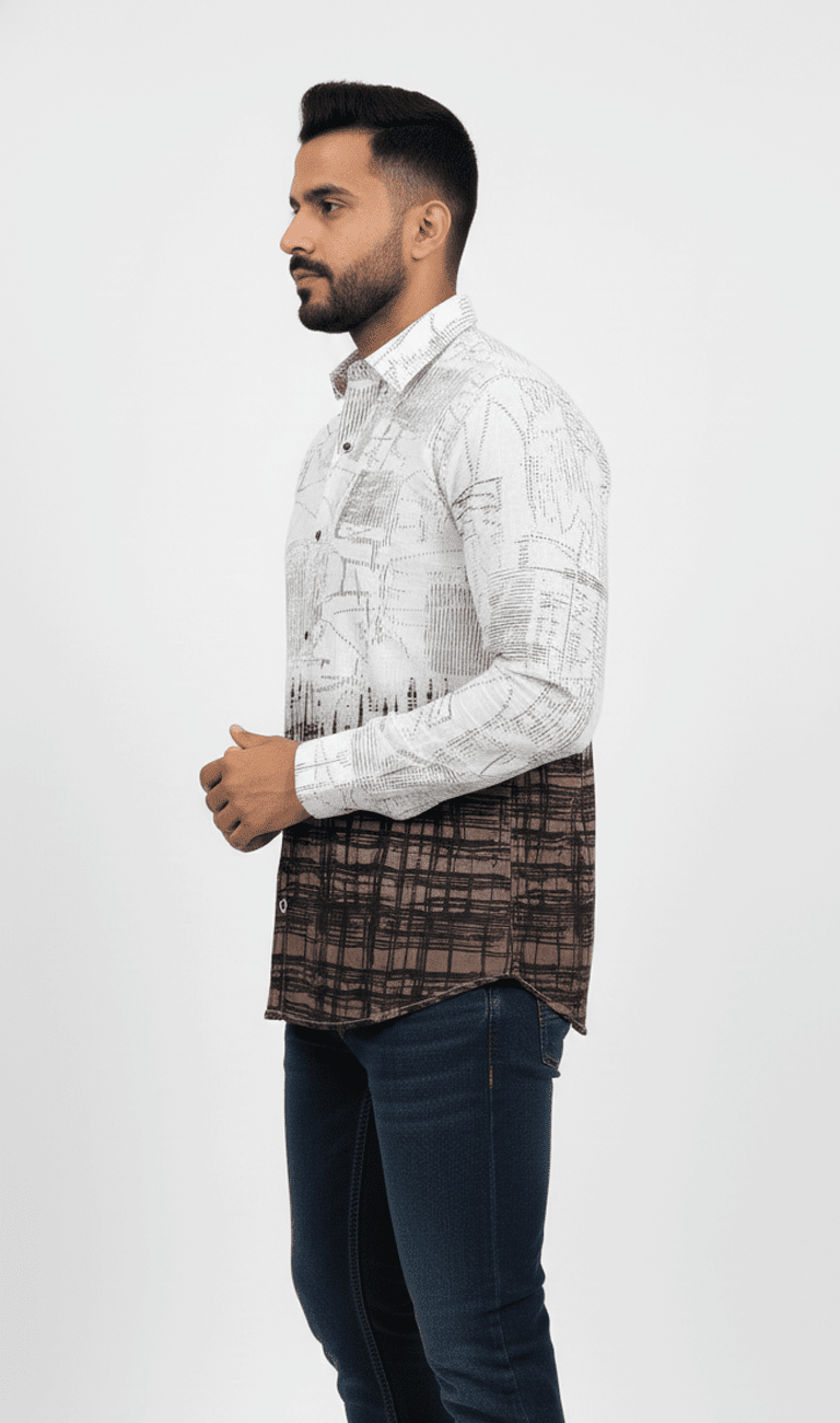White & Brown Dual-Tone Abstract Printed Shirt for Men - Image 2